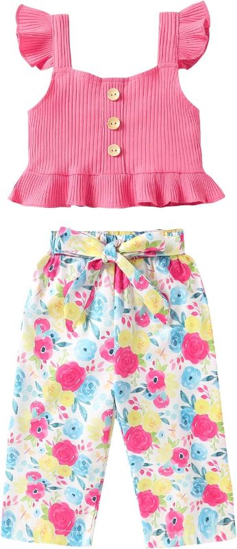 Photo 1 of 12-18M YOUNGER TREE Baby Girl Clothes Toddler Summer Outfits Ruffle Halter Strap Sleeveless Crop Top Striped Floral Pant Set 12M-5T
