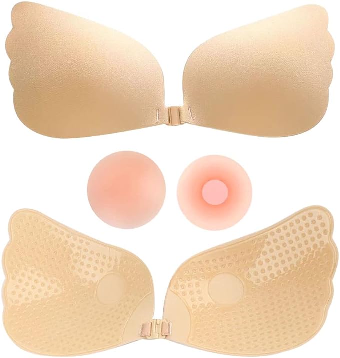 Photo 1 of [2023 Upgraded] 3 Pairs Sticky Bra Invisible Lift up Backless Bra Adhesive Push up Bra Strapless Bras for Womens Beige(A)

