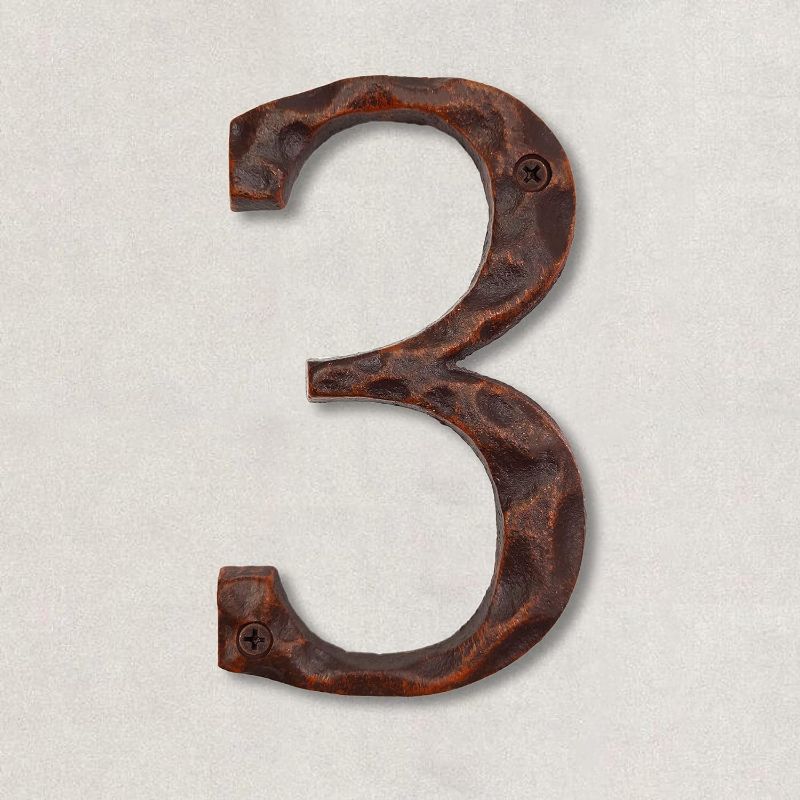 Photo 1 of 5.5 Inch Cast Iron House Numbers for Houses Outside or Front Door, Metal Home Address Number, Unique Rustic Craftsman style, Grey & Orange, Number 3
