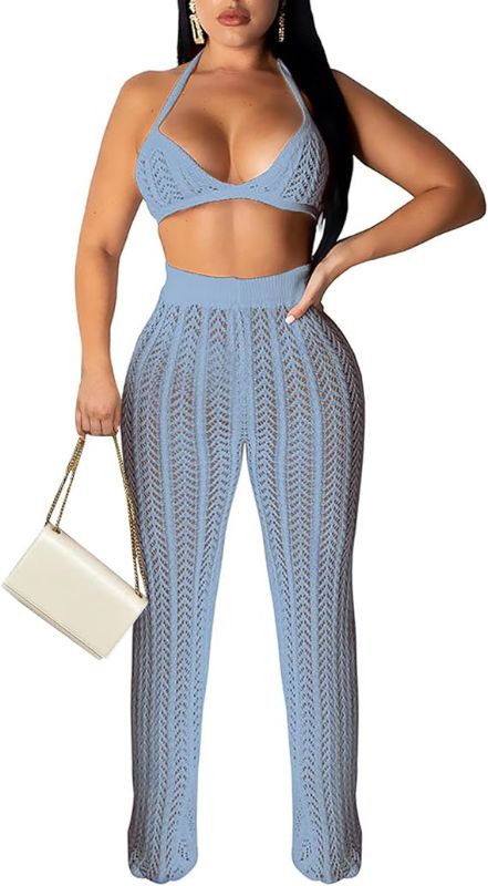Photo 1 of 2XL Salimdy Women Hollow Out Knitted See Through 2 Piece Outfits Halter Bandeau Top Long Pant Bikini Cover up
