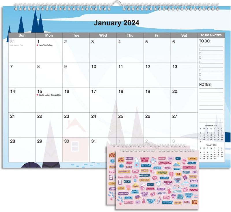 Photo 1 of 2024 Calendar 12 Month Wall - 2024 Calendar Jan. - Dec. 12" x 17", Large Calendar with Calendar Stickers, Spiral Bound, Hanging Hook, Great for...
