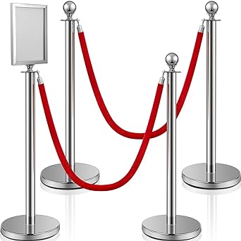 Photo 1 of 4 Stainless Steel Crowd Control Stanchion and Velvet Ropes 5 ft Red Carpet Ropes and Poles Hollow Base Crowd Control Barriers Red Velvet Ropes and Posts with Stanchion Sign Holder