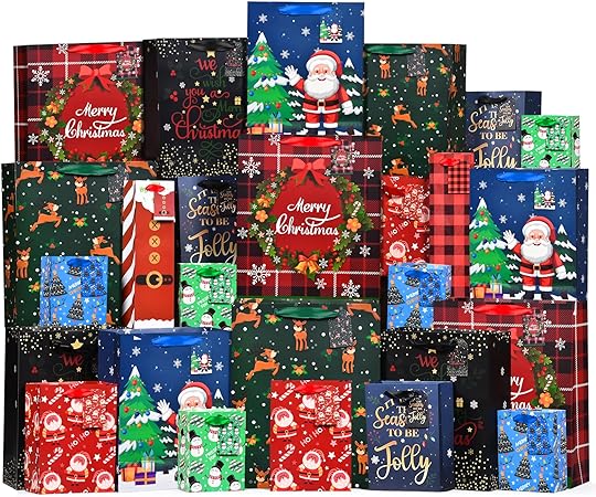 Photo 1 of 26 PCS Christmas Gift Bags Assorted Sizes, Christmas Bags for Gifts Large Medium Small Christmas Gift Bags Holiday Gift Bags Includes 6 X-Large 6 Large 6 Medium 6 Small 2 Wine Bags
