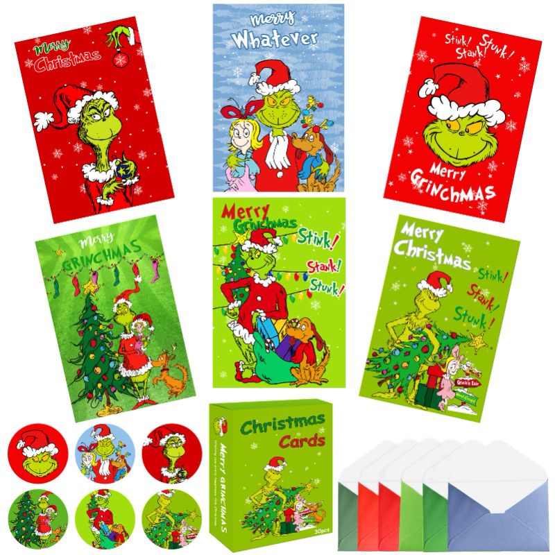 Photo 1 of  2 PK - BATERZO Set of 30 Grinchs Cards, Christmas Greeting Cards with Envelopes for Card Making Red and Green Half Folding Greeting Cards, 6 Assorted Designs Grinchs, Different Backwards Grinchs Big Surprise