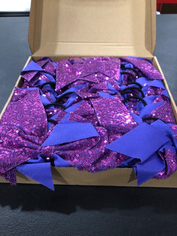 Photo 2 of 2 PCS 8" Large Cheer Bows Sequin Cheer Hair Bows Ponytail Holders Cheerleading Bows for Jumbo Cheerleading Teen Girls Sports (Purple) 