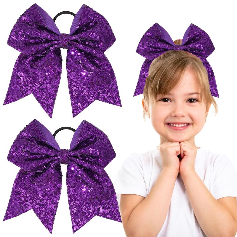 Photo 1 of 2 PCS 8" Large Cheer Bows Sequin Cheer Hair Bows Ponytail Holders Cheerleading Bows for Jumbo Cheerleading Teen Girls Sports (Purple) 