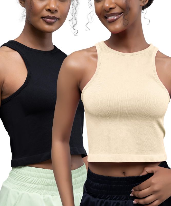Photo 1 of Botel 2 Pieces Crop Tank Tops for Women,Basic Seamless Crop Sports Rib-Knit Tank Tops Small Black & Beige