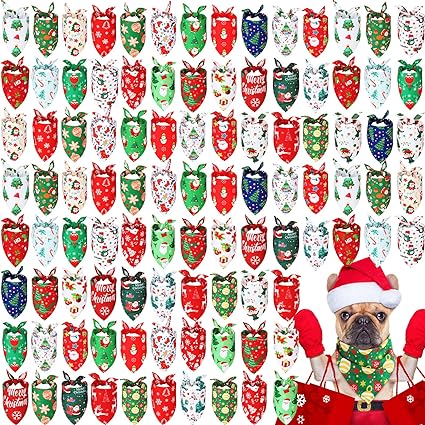 Photo 1 of 100 Pieces Christmas Dog Bandanas Bulk Xmas Dog Bandanas for Dogs Dog Kerchief Set Bibs Triangle Dog Scarf with Christmas Patterns for Christmas Pet Costume Accessories Decoration
