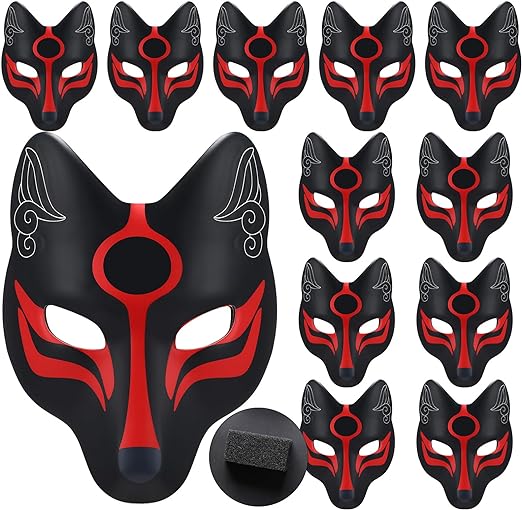 Photo 1 of 12 Pack Halloween Fox Mask Black Japanese Kabuki Masks Anime Full Face Mask Fox Cosplay Masks for Women Men Kids Halloween Christmas Masquerade Costume Prop, 7 x 11 Inch
