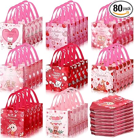 Photo 1 of 80 Pcs Happy Valentines Day Gift Bags Non Woven Treat Bags with Handles Reusable Gift Wrap Bags Waterproof Tote Bag for Valentine's Day Wedding Gifts Wrapping Party Supplies
