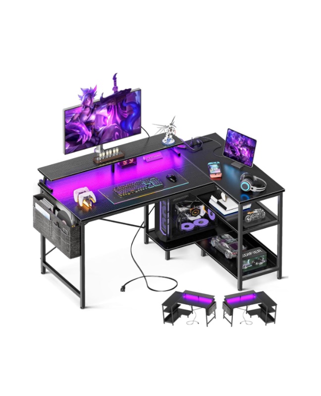 Photo 1 of ODK 48 Inch Gaming Desk with USB Charging Ports and LED Lights, Reversible L Shaped Computer Desk