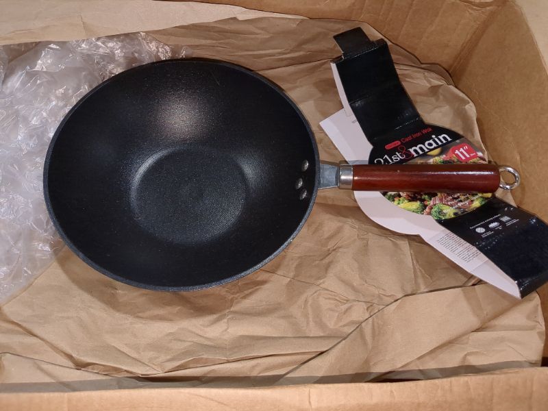 Photo 2 of 21st & Main Wok, Stir Fry Pan, Wooden Handle, 11 Inch, Lightweight Cast Iron, chef’s pan, pre-seasoned nonstick, for Chinese Japanese and other cooking