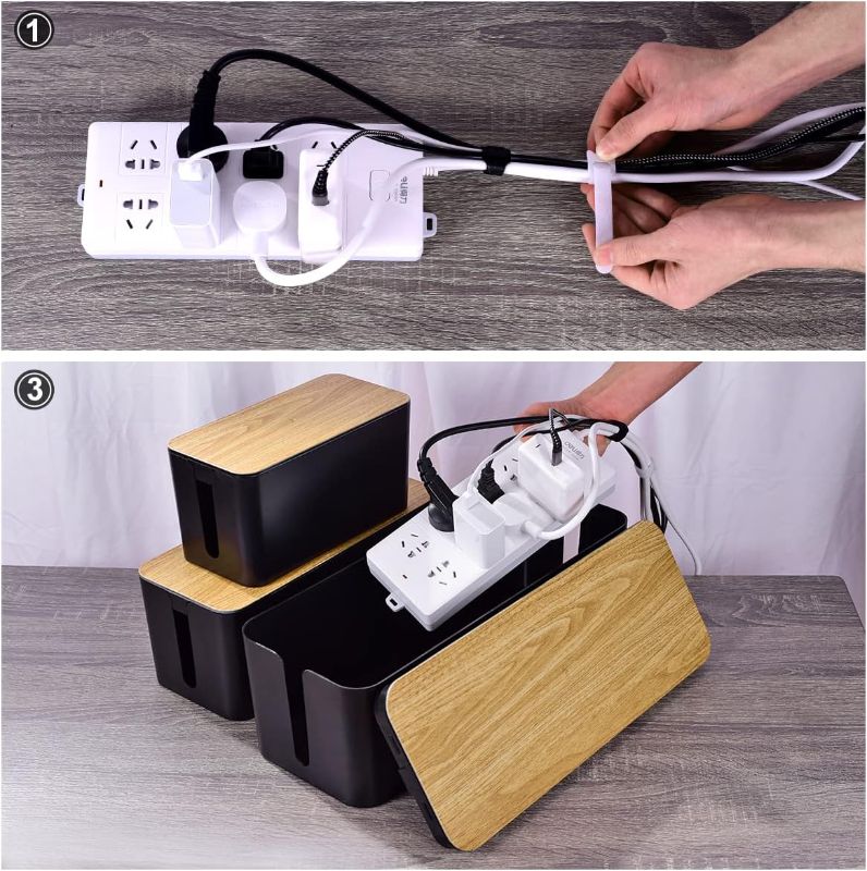 Photo 1 of 3 Pack Cable Management Box with Cable Management Set - Large & Medium & Small Wooden Grain Cable Organizer Box to Hide Wires & Power Strips | TV Cord Organizer Box | for Home & Office(Black)
