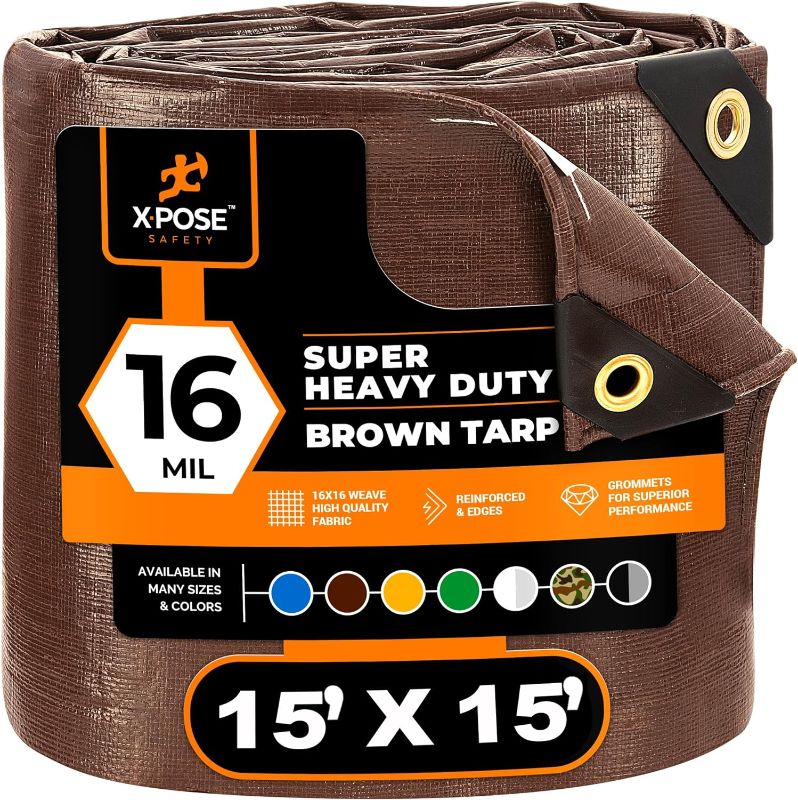 Photo 1 of 15' x 15' Super Heavy Duty 16 Mil Brown Poly Tarp Cover - Thick Waterproof, UV Resistant, Rip and Tear Proof Tarpaulin with Grommets and Reinforced Edges - by Xpose Safety

