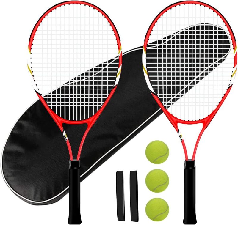 Photo 1 of Tennis Rackets 2 Players Recreational for Beginners,Pre-Strung 27 Inch Light Adult Racquet Set for Women Men with Tennis Balls,Overgrips and Carry Bag
