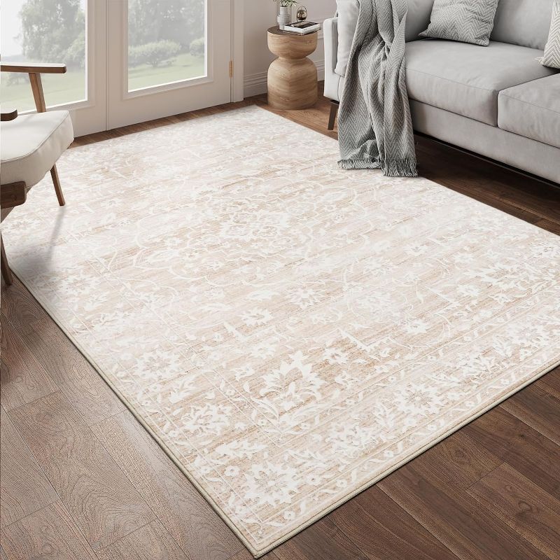 Photo 1 of 8x10 Area Rugs for Living Room, Stain Resistant Neutral Washable Rugs for Dining Room, Floral Vintage Non-Slip Large Size Area Rug Beige
