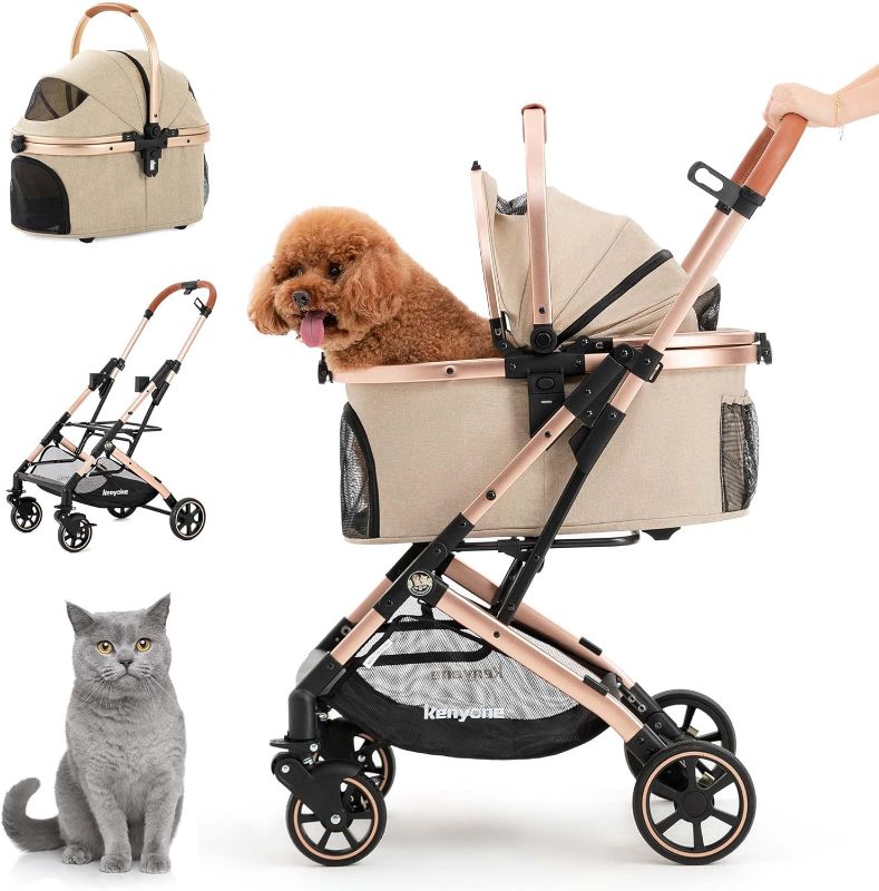 Photo 1 of Kenyone 3-in-1 Pet Stroller for Small Medium Dogs Puppy Cat Stroller with Detachable Carrier & Pad Lightweight Foldable Aluminum Alloy Frame Dual No-Zip Entry(Khaki)
