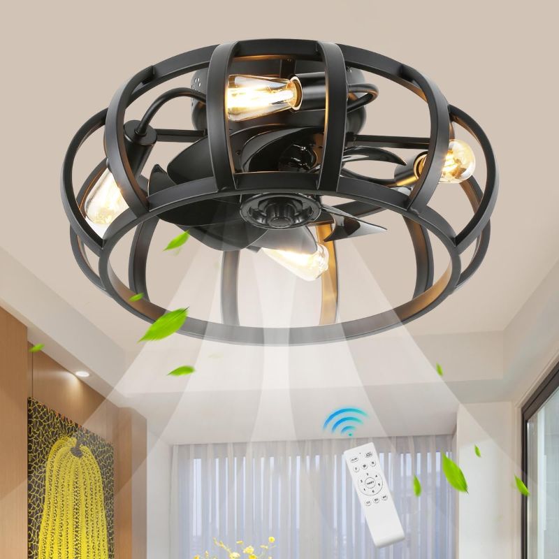 Photo 1 of Flush Mount Caged Ceiling Fan with Lights, 18 Inch, 6 Speeds, Rustic Low Profile Ceiling Fan with Light and Remote, Small Bladeless Ceiling Fans for Farmhouse, Kitchen, Living Room, Black
