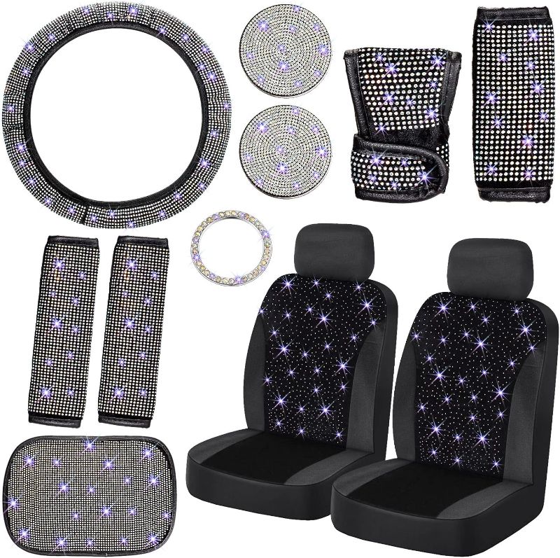 Photo 1 of 13 Pack Bling Car Seat Covers Set, Diamond Accessories Rhinestone Crystal Steering Wheel Cover, Velvet Breathable Seat, Glitter Center Console Pad Universal Interior (Colorful)
