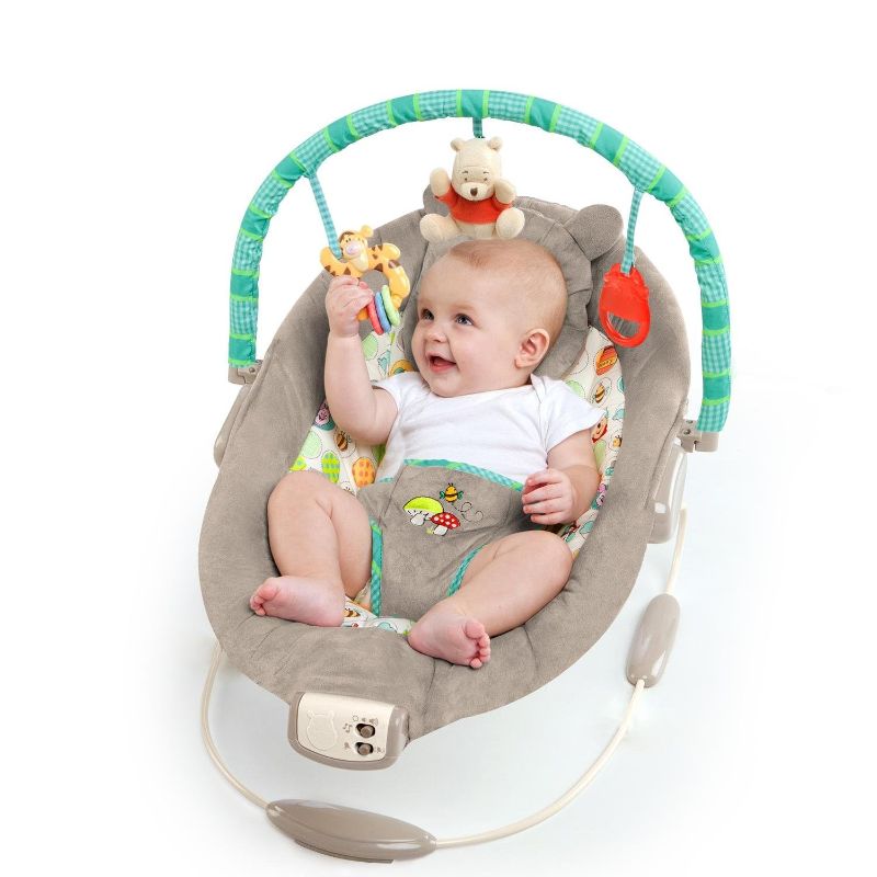 Photo 1 of Bright Starts Disney Baby Winnie the Pooh Baby Bouncer Soothing Vibrations Deluxe Infant Seat - Faux Suede, Music, Removable -Toy Bar, 0-6 Months 6-20 lbs (Dots & Hunny Pots)
