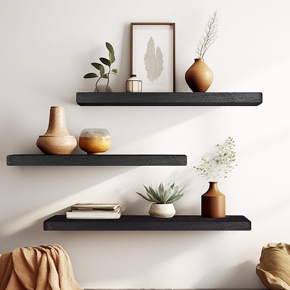 Photo 1 of YLYHSST Floating Shelves 17 Inches, Set of 3 Rustic Wood Wall Mounted Shelves, Wall Picture Ledge Shelf with Invisible Metal Brackets for Living Room, Bedroom, Bathroom, Black 
