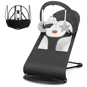 Photo 1 of HKAI Baby Bouncer, Portable Baby Bouncer Seat for Babies 0-18 Months, 100% Cotton Fabrics, 3 Modes of use with Rocker and Stationary Options, Infant Rocker Chair with Hanging Toys-Dark Grey
