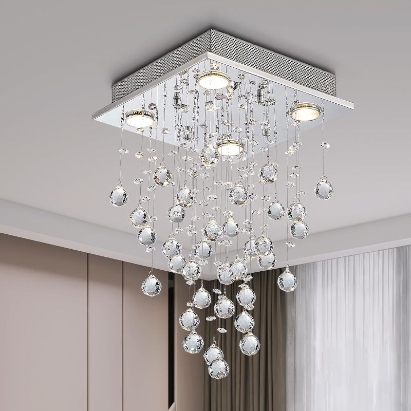 Photo 1 of Bestier Modern Crystal Square Raindrop Chandelier Lighting Flush Mount LED Ceiling Light Fixture Pendant Lamp for Dining Room Bathroom Bedroom Livingroom 4 GU10 Bulbs Required 12 in Wide 20 inch High
