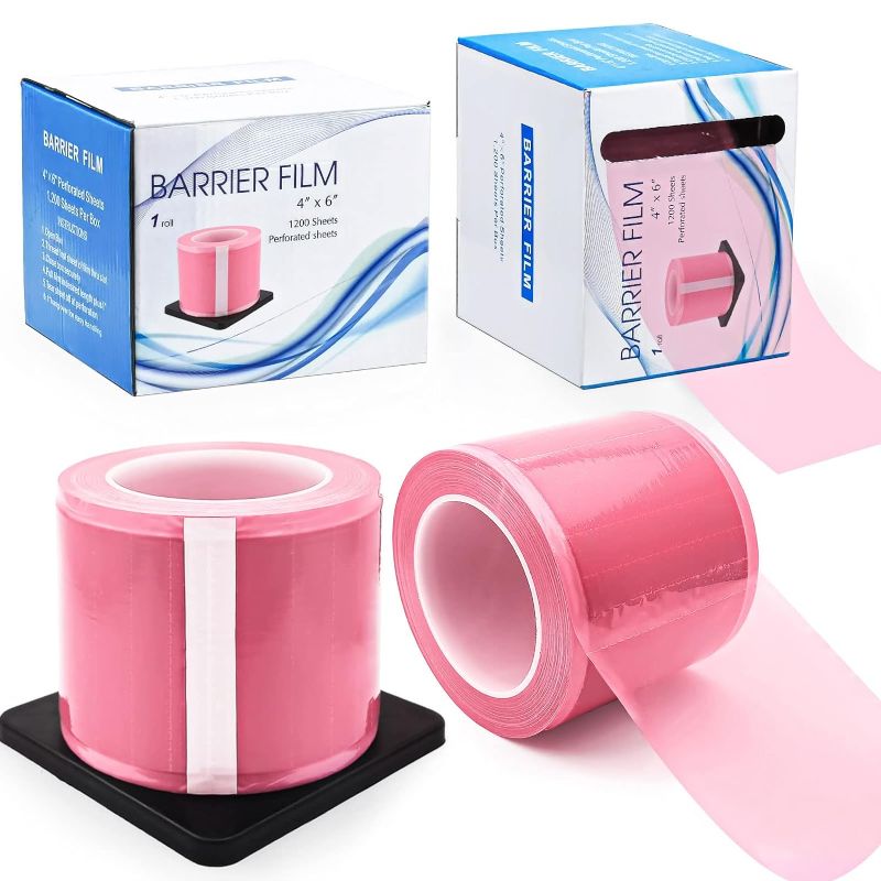 Photo 1 of 2 Rolls Dental Barrier Film Pink with Dispenser Box, 2 Roll Tattoo Plastic Wrap 4" x 6" Perforated Dental Barrier Sheets Tape Disposable - 1200 Sheets|1 Roll