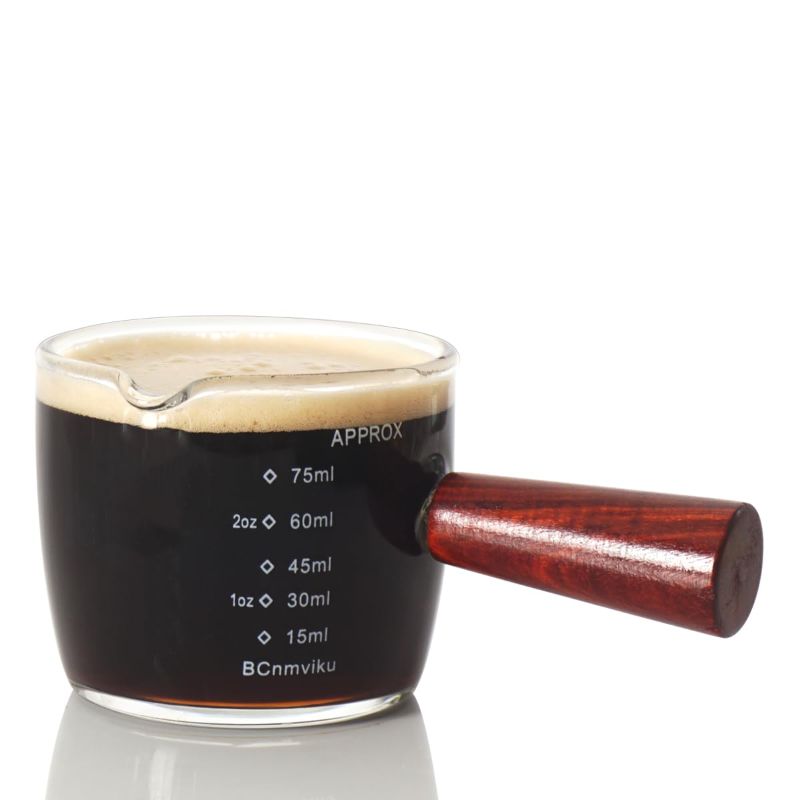 Photo 1 of 1 Pack Espresso Shot Glass 75ML Triple Pitcher Barista Single Spouts With Wood Handle 