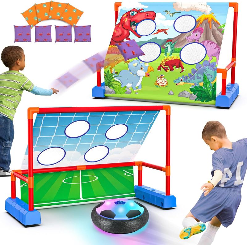 Photo 1 of 2-in-1 Moving Kick Toss Games for Kids Ages 3-12, Light Up Hover Soccer Ball with Animal Bean Bag Toss, Indoor Outdoor Birthday Toys for 3 4 5 6 7 8 9 10 11 12 Year Old Boys Girls