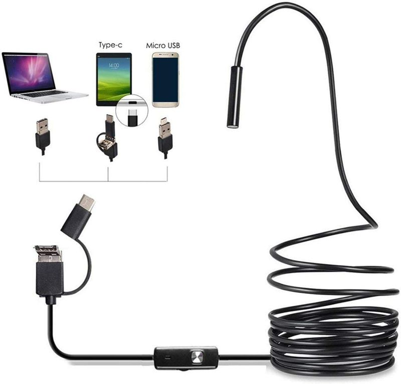 Photo 1 of 3 in 1 Endoscope Inspection Camera Borescope HD Camera Waterproof Snake Pipe Drain with 6 Adjustable Led Light Snake Cable USB Adapter for Android Phone Tablet Device(Size:1 M)