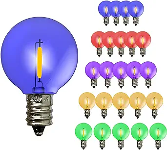 Photo 1 of SUNTHIN 25 Pack G40 Colored LED Bulbs, String Lights Replacement Bulbs, Red/Green/Blue/Orange/Purple Multicolor Bulbs with E12/C7 Candelabra Base, Shatterproof Globe Bulbs for Indoor & Outdoor Use
