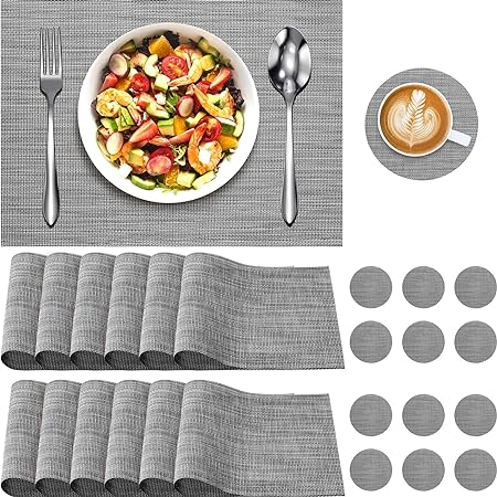 Photo 1 of 24 Placemats and Coasters Set 12 Pcs Dining Table Mats and 12 Pcs Coasters Nonslip Washable Wipeable Heat Resistant Place Mat Outdoor Indoor for Dining Patio Table Kitchen