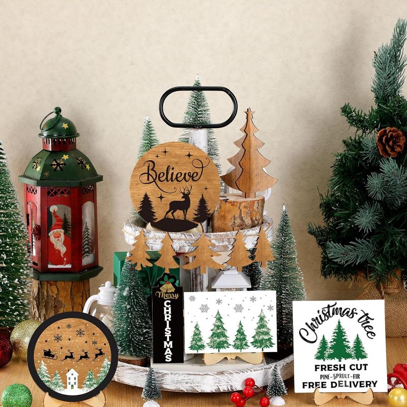 Photo 1 of 11 Pieces Christmas Tiered Tray Decor Set Wooden Christmas Trees Sign Merry Christmas Table Signs Believe Wooden Block Rustic Xmas Wooden Pine Tabletop...
