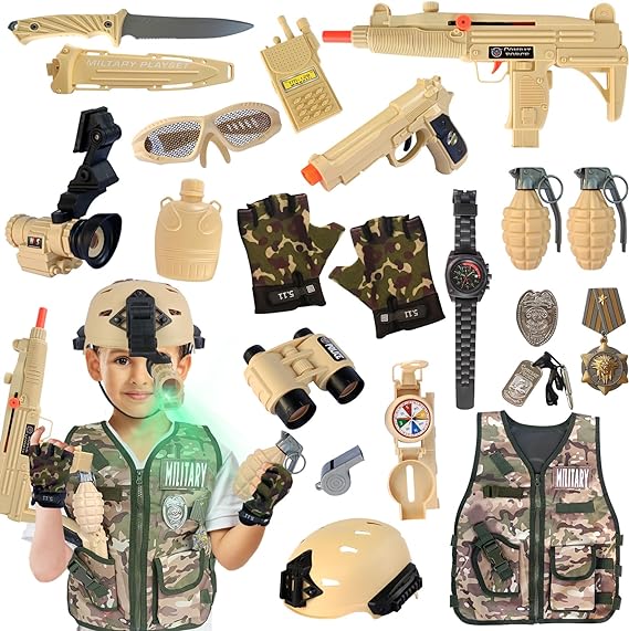 Photo 1 of 20 Piece Army Costume for Kids, Soldier Military Dress up for Boys 3-10, Kids Army Gear Role Play, Halloween Costume Camouflage Set with Vest, Camo Gloves, Helmet, Halloween Christmas Gift for Kids…
