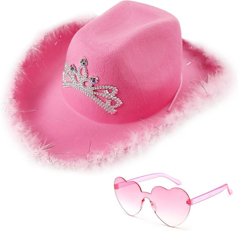 Photo 1 of Aiybao Pink Cowgirl Hat with Heart Glasses - Pink Cowboy Hat with Tiara Crown - Halloween Cow Girl Costume Accessories - Fun Rodeo Party Hats and Goggles for Women, Girls and Kids (Pink Feather)