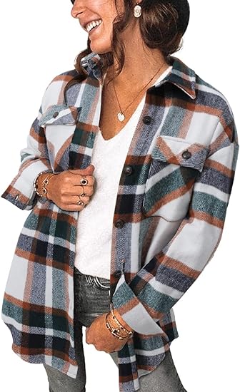 Photo 1 of 2xl MINGALONDON Women's Brushed Plaid Shirts Long Sleeve Flannel Lapel Button Down Cardigan Boyfriend Shacket Jacket Coats
