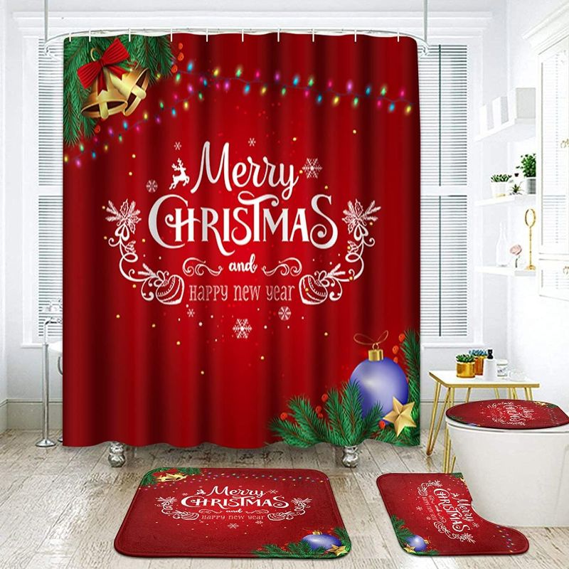 Photo 1 of 4PCS Shiny Merry Christmas Shower Curtain Set with Non-Slip Rugs, Toilet Lid Cover and Bath Mat, Shower Curtain with 12 Hooks, Durable Waterproof Bathroom Decor Sets for Christmas
