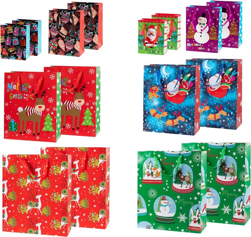 Photo 1 of 16 PCS Christmas Gift Bags for Wrapping, Recyclable Festival Bags with Funny Candy Santas, Snowman, Reindeer, Christmas Tree, Snowflake, Holiday Design - Bulk Set, 4 X-Large,4 Large,4 Medium,4 Small
