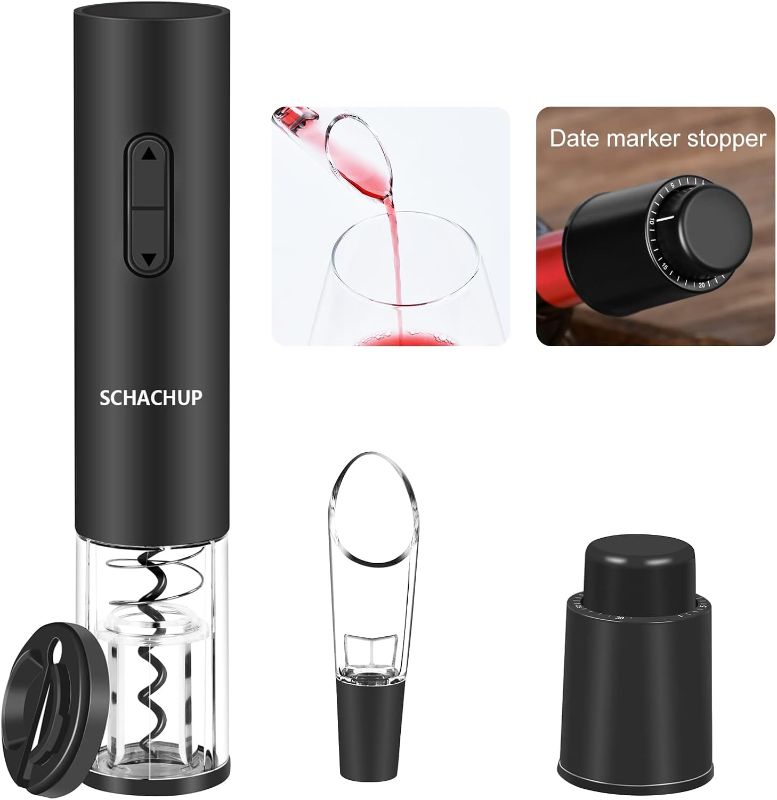 Photo 1 of SCHACHUP Electric Wine Bottle Opener,Automatic Wine Opener Set,Wine Corkscrew with Wine Vacuum stopper, Wine Aerator Pourer and Foil Cutter Set for Home Kitchen Party Bar Wedding, gift in Black
