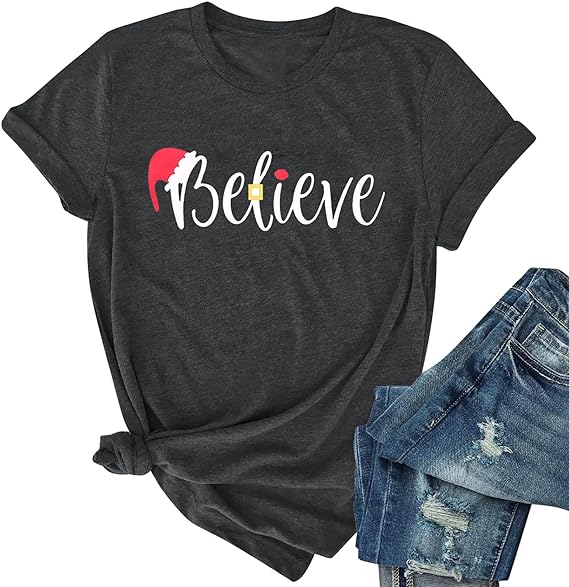 Photo 1 of Christmas Believe T-Shirt Cute Short Sleeve Believe Santa Tee Shirts for Women Christmas Vacation Shirt - 2XL 