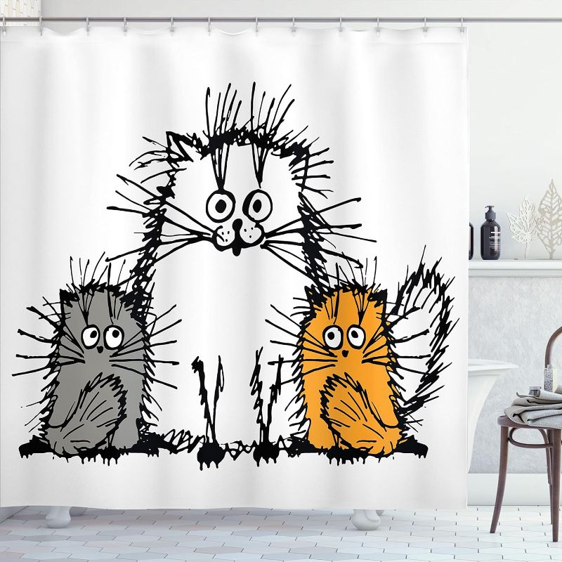 Photo 1 of Ambesonne Sketchy Shower Curtain, Fluffy Cat Family with Mother Babies Feline Animal Humor Illustration, Cloth Fabric Bathroom Decor Set with Hooks, 69" W x 70" L, Orange White Grey
