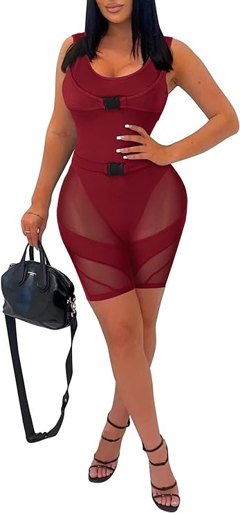 Photo 1 of Aladeno Women's One Piece Jumpsuits See Through Crew Neck Bodysuit Backless Short Jumpsuits Romper Clubwear - XL