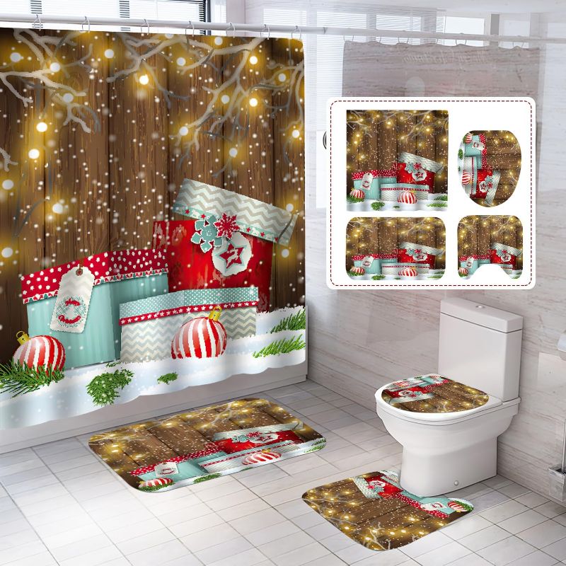 Photo 1 of 4Pcs Christmas Shower Curtain Set,Bathroom Sets with Shower Curtain/Rugs/Toilet Lid Cover/Bath Mat,Waterproof Bathroom Curtains Shower Set,Xmas Gifts Holiday Bathroom Decor Christmas Theme (B)
