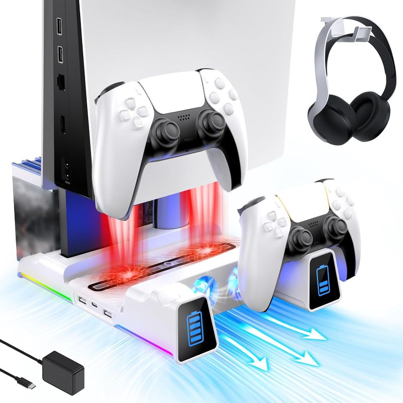 Photo 1 of NexiGo PS5 Slient Cooling Stand with RGB LED Light, Dual Charging Station Compatible with DualSense Edge Controller, Hard Drive Slot, Headset and Remote Holders, 10 Game Slots, White
