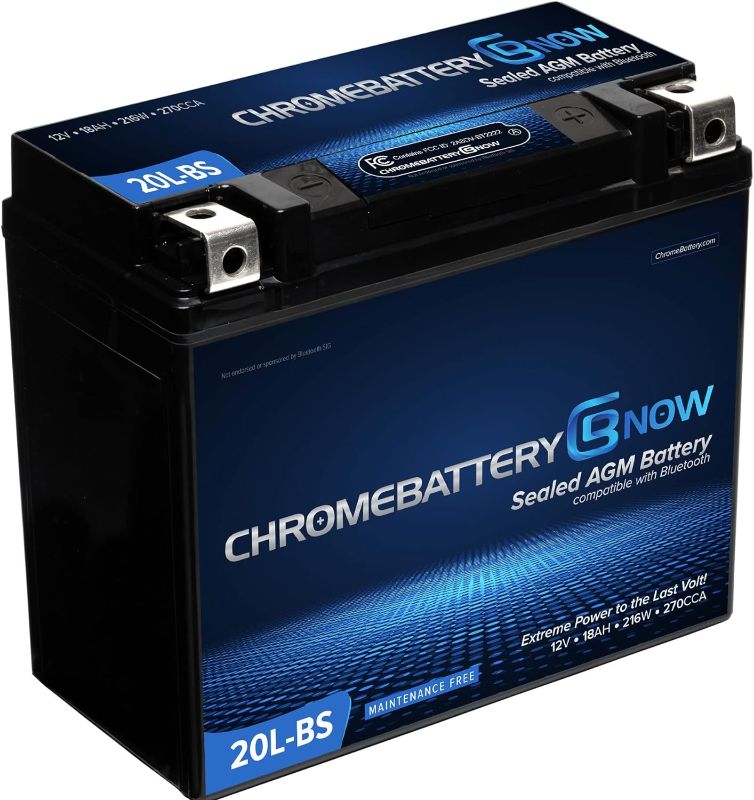 Photo 1 of Chrome Battery Now YTX20L-BS Wireless Smartphone Connectivity Maintenance Free Replacement Battery for ATV, Motorcycle, Scooter, and UTV: 12 Volts, 18Ah, Nut and Bolt (T3) Terminal
