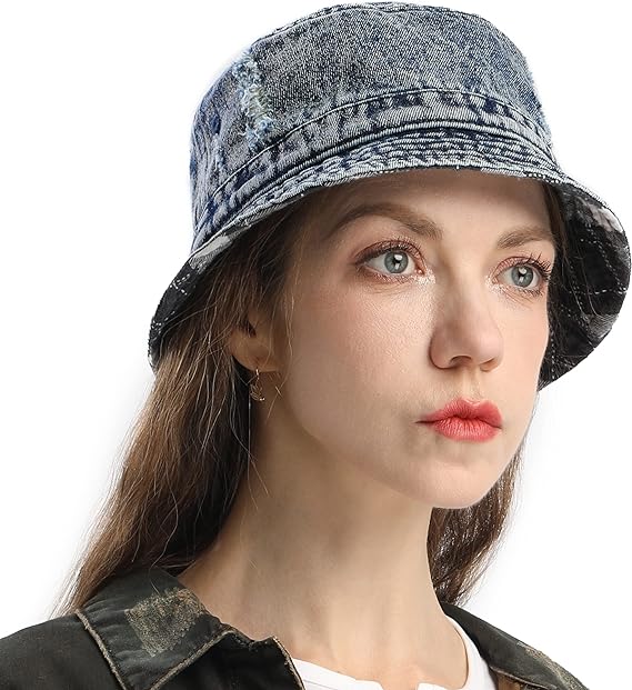 Photo 1 of 100% Cotton Bucket Hat Checkered Denim Double-Sided Wear Unisex Short Retro Style Everyday Trendy Gift
