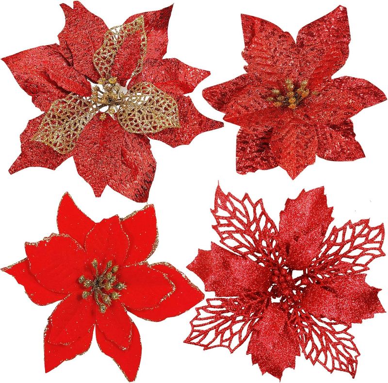 Photo 1 of 24 Pcs 4 Styles Christmas Red Glitter Metallic Mesh Artificial Poinsettia Flower Stems Tree Ornaments in Box for Red Christmas Tree Wreaths Garland Floral Gift Winter Wedding Holiday Decoration
