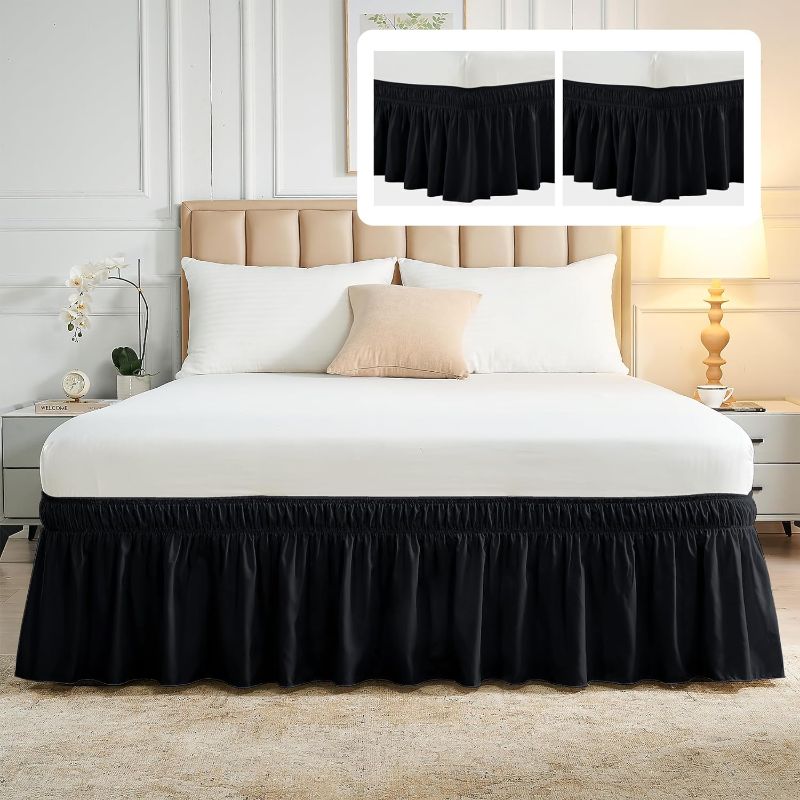 Photo 1 of 2 Pack Queen/King Bed Skirt 18 Inch Drop, Wrap Around Black Bed Skirts with Adjustable Elastic Belt, Lightweight Wrinkle Free Dust Ruffles Easy Fit, Machine Washable Soft Fabric Bed Skirt
