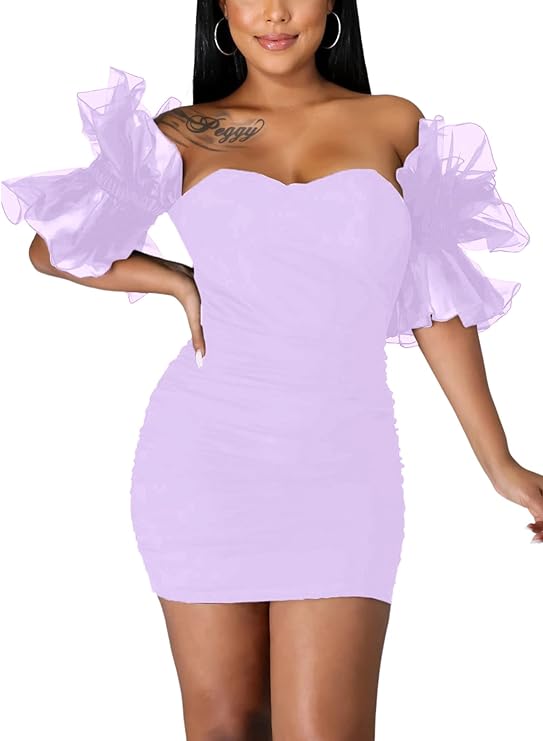 Photo 1 of STOCK PHOTO FOR REFERENCE-ITEM IS PINK  - LYANER Women’s Off Shoulder Ruffle Sleeve Stretchy Party Club Bodycon Mini Dress - M